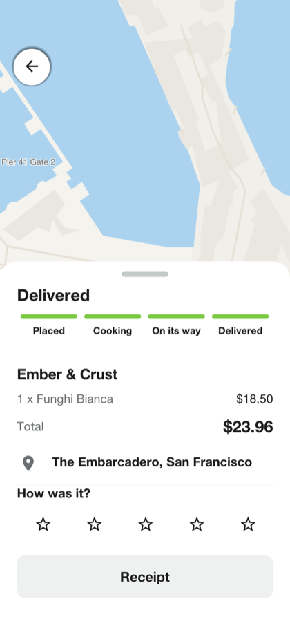 The order screen once it’s delivered, with five stars to rate it and a button for the receipt