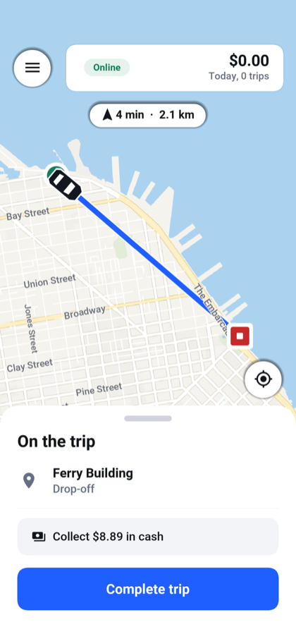 The driver screen during a trip, with the route to the destination, the amount to collect in cash and a button to complete the trip
